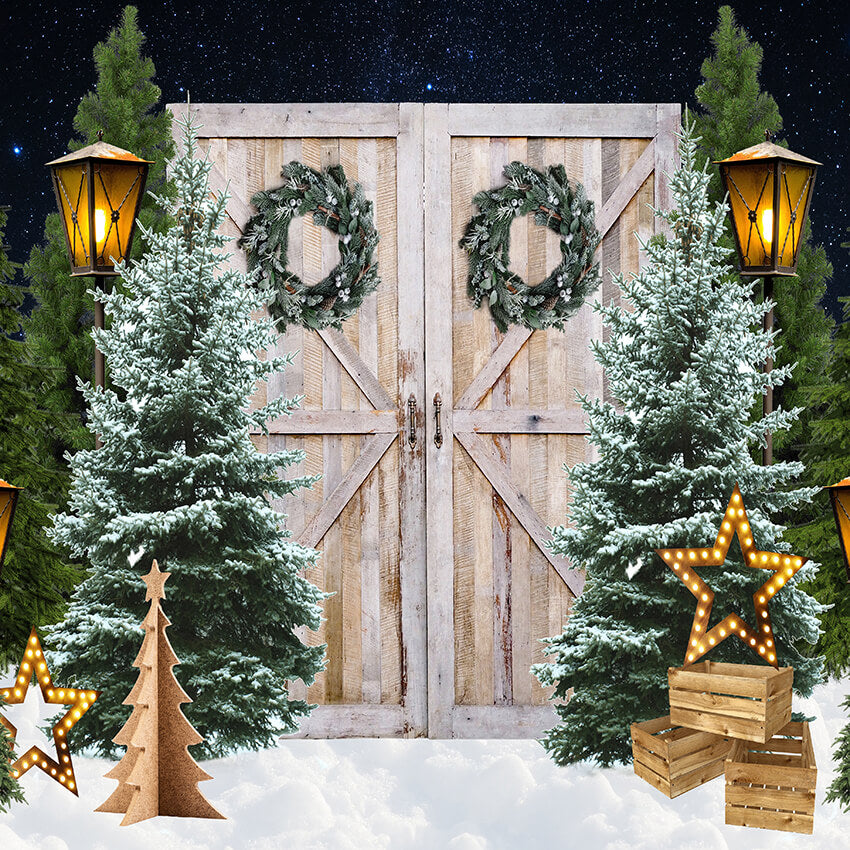 8x8ft Xmas Tree Wood Door Lights Backdrop D930 (only 1)