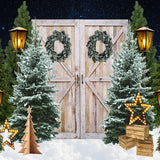 Xmas Tree Wood Door Lights Backdrop D930