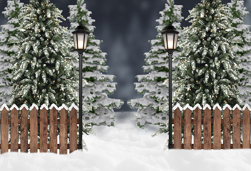 Snowy Christmas Tree Lights Railing Backdrop