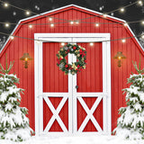 Christmas Outdoor Snow Red Barn Door Backdrop D957