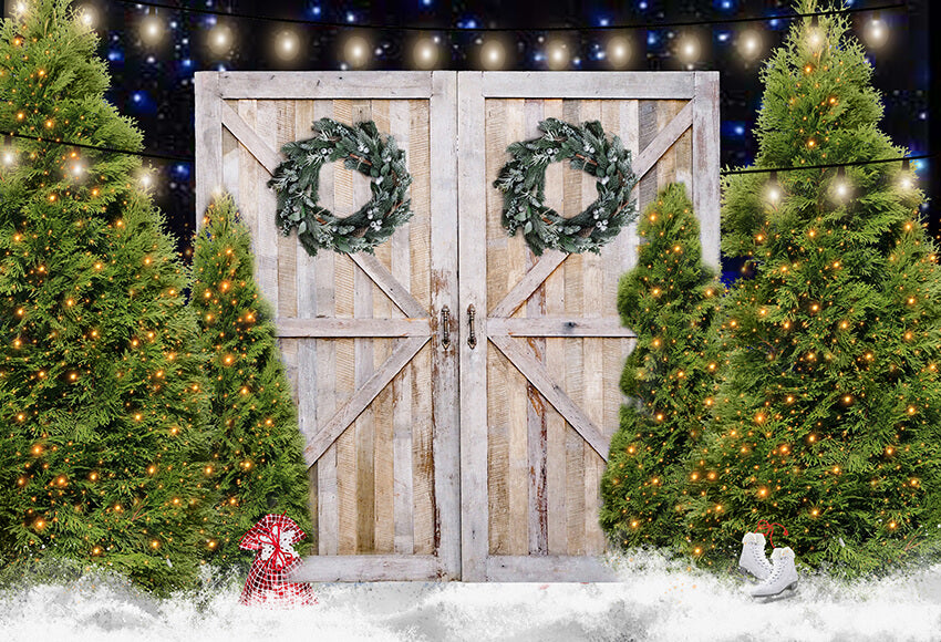 Wood Door Christmas Tree Backdrop D966 – Dbackdrop