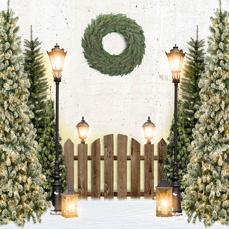 Wood Fence Lights Christmas Tree Backdrop D968 – Dbackdrop