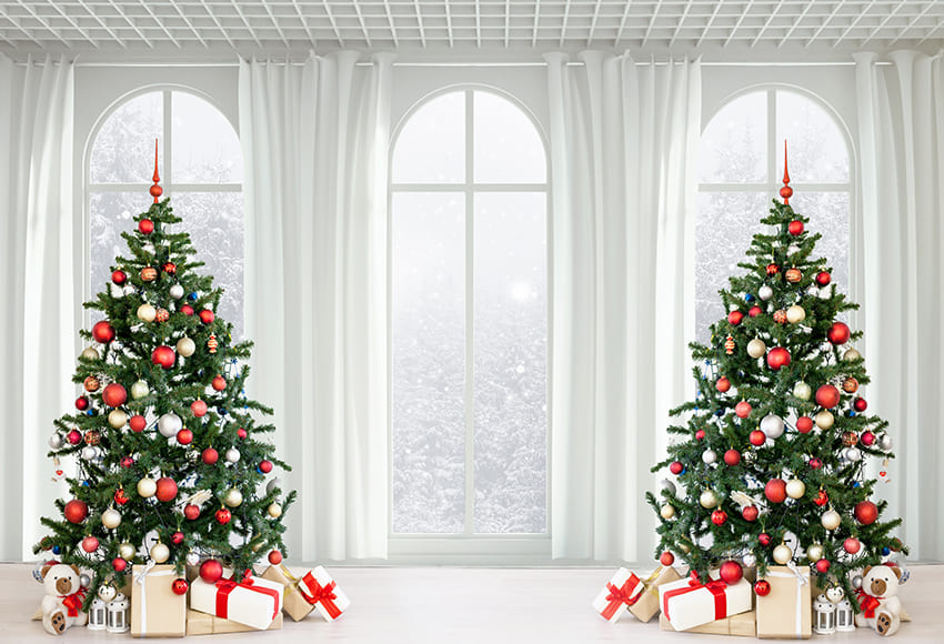 Christmas Tree Gift Box Window Snow Backdrop