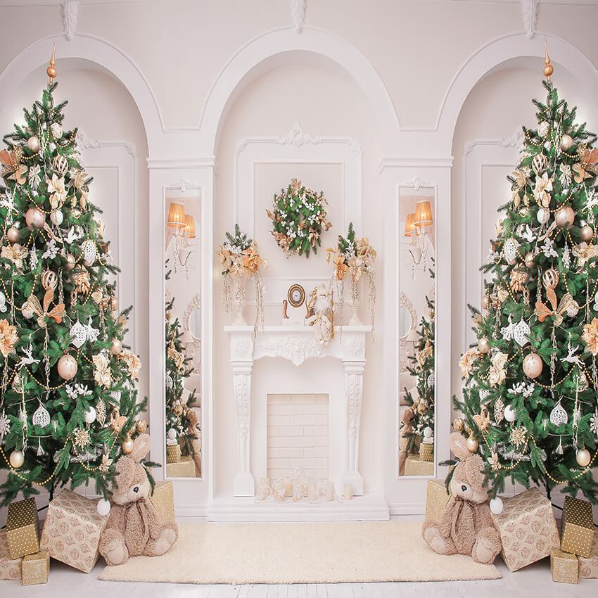 White Wall Fireplace Christmas Tree Backdrop D992