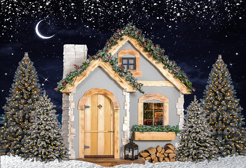 Starry Night Little House Xmas Tree Backdrop