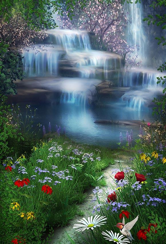 Waterfall Flowers Green Grass Photo Backdrop G-018