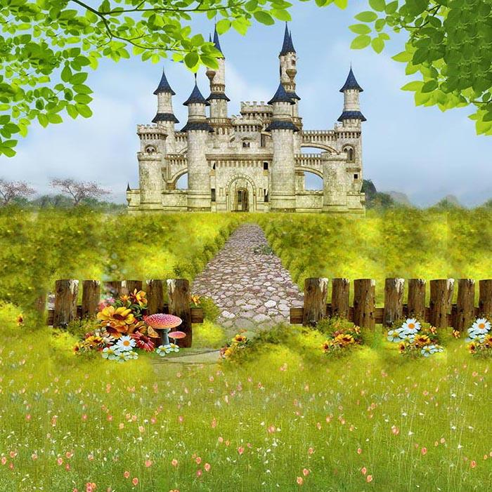 Castle Backdrops Green Grass Spring Flower Photo Backdrop  G-549