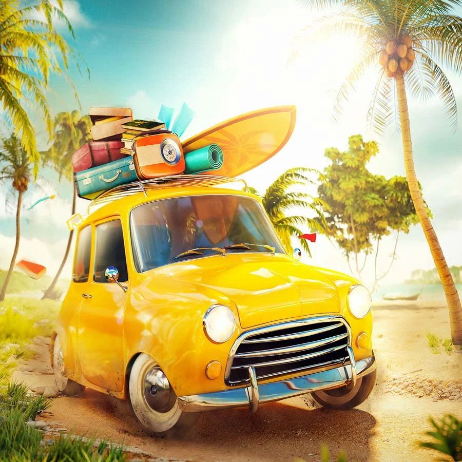 Beach Yellow Car Summer Holiday Photography Backdrop  GA-76