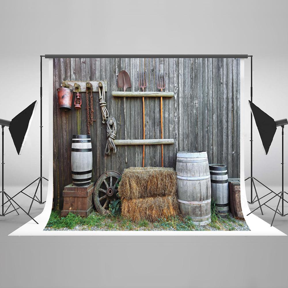 Barn Farm Tools Gray Grunge Wood Wall Backdrops HJ03184