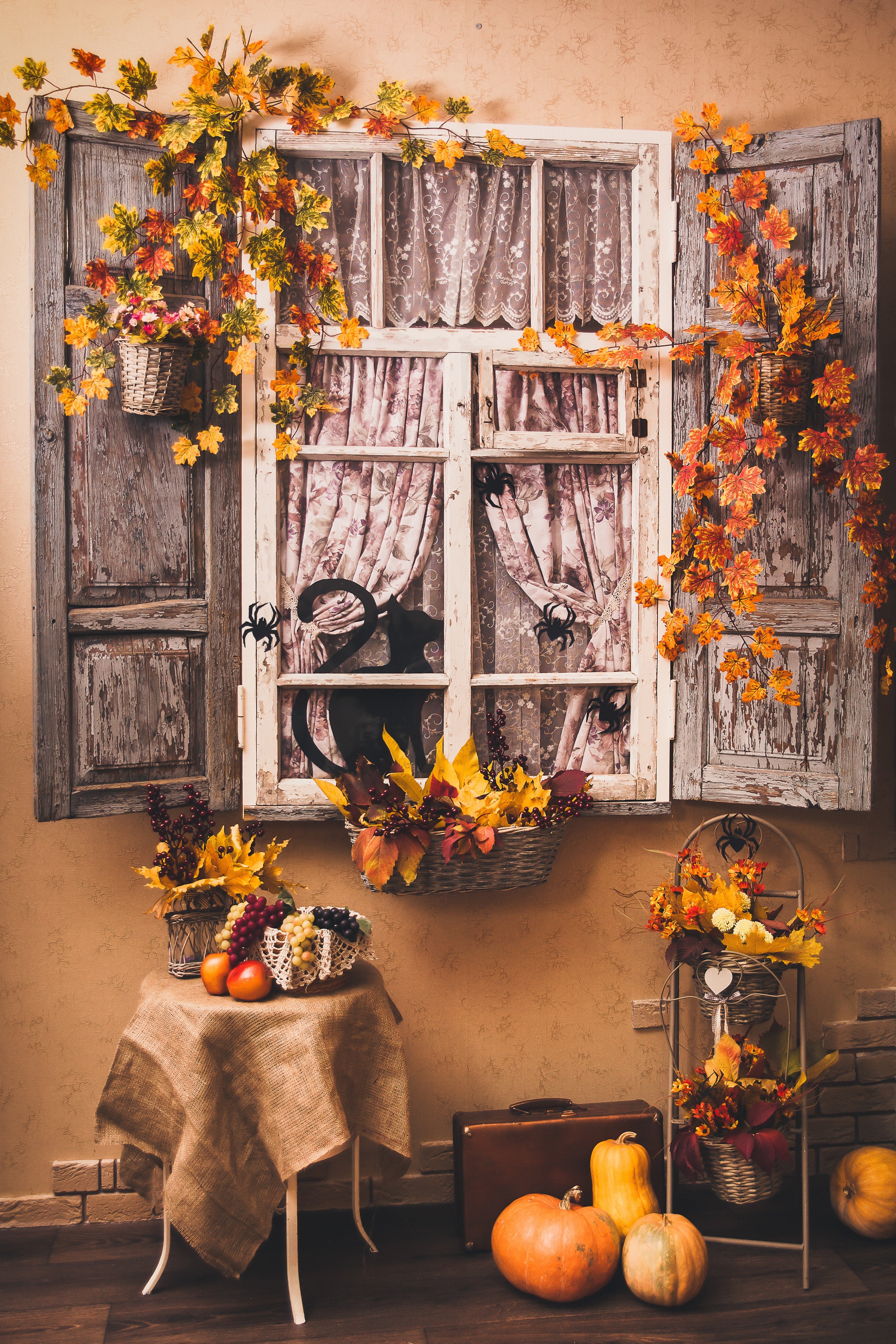 Festival Backdrops Halloween Backdrops Maple Leaves Window Pumpkin Backdrop