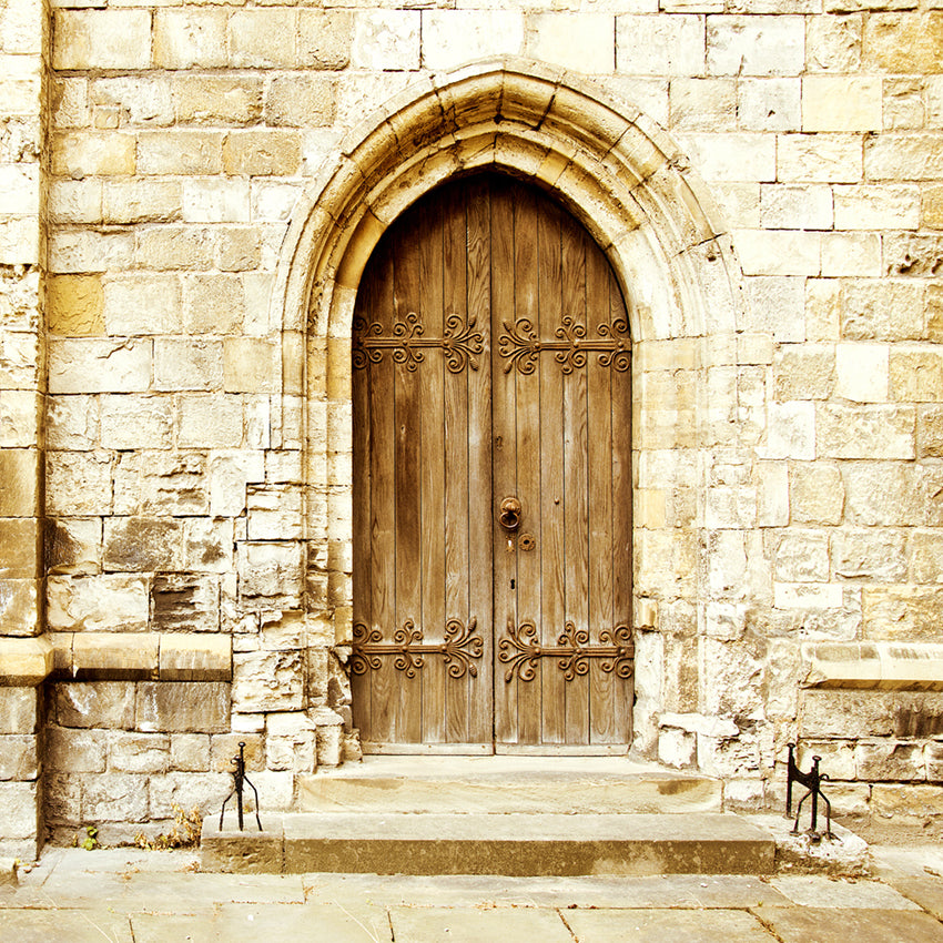 Brown Wooden Door Stone Wall Photography Backdrops  J03182