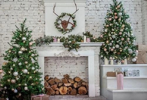 Christams Tree  Fireplace Brick  Wall Photo Studio Backdrop