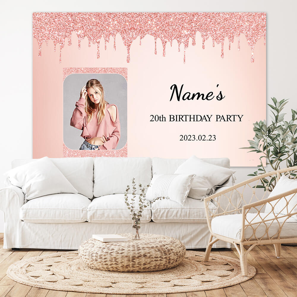 Pink Glitter Diamond Personalized Birthday Backdrop M-06