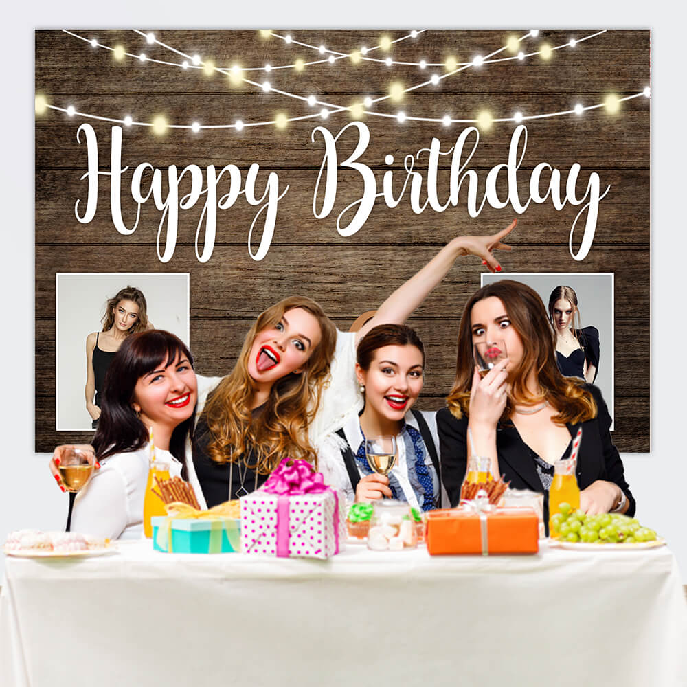 Custom Birthday Backdrop Wood Lights Background M-07