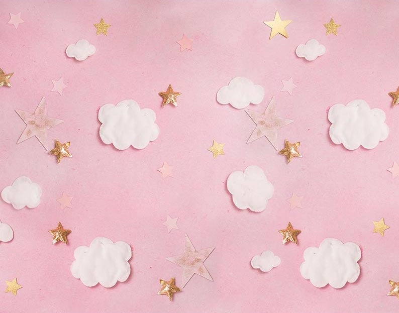 White Clouds Stars Pink Newborn Backdrop for Photography NB-243