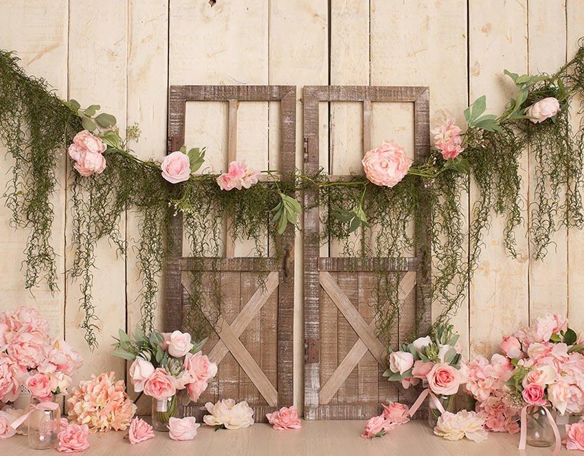 Barn Door Pink Flowers Photography Backdrop  NB-322