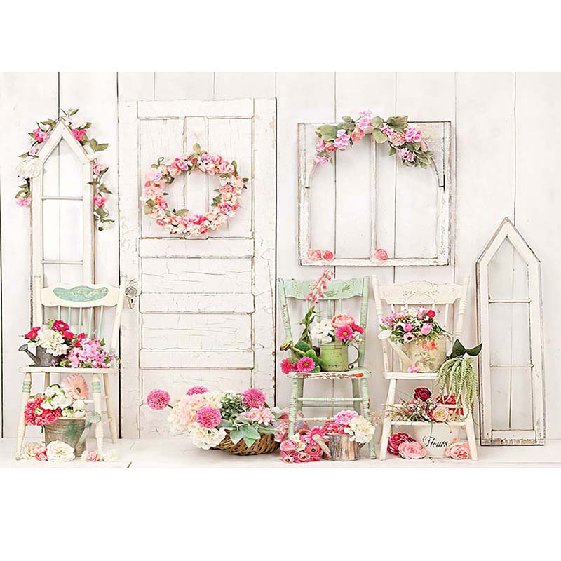 Wood Window Door Background Flower Chair Room Decoration Photography Backdrop NN-2