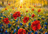 Red Poppies Flower Field Sunrise Forest Landscape Oil Painting Backdrop