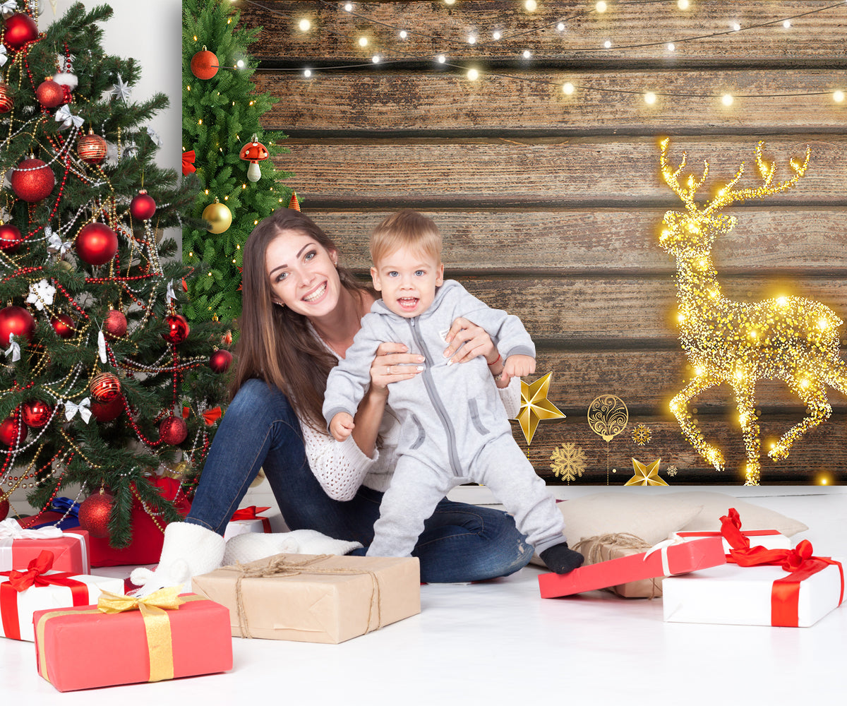 Christmas Tree Sparkling Light Elk Wood Backdrop TKH1559