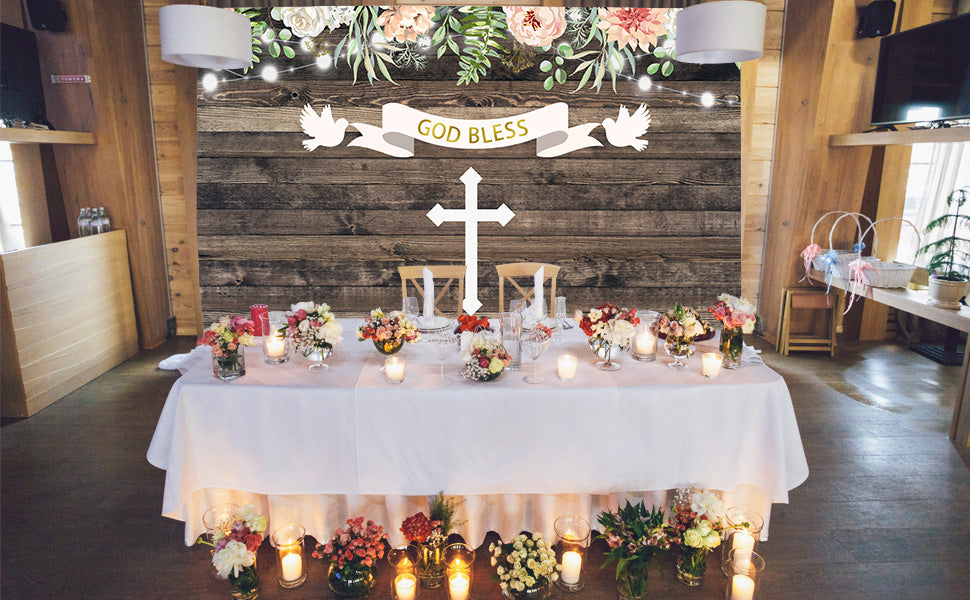 Flower Cross Wood Custom Baby Shower Backdrop TKH1520