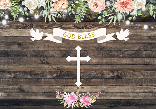 Flower Cross Wood Custom Baby Shower Backdrop TKH1520