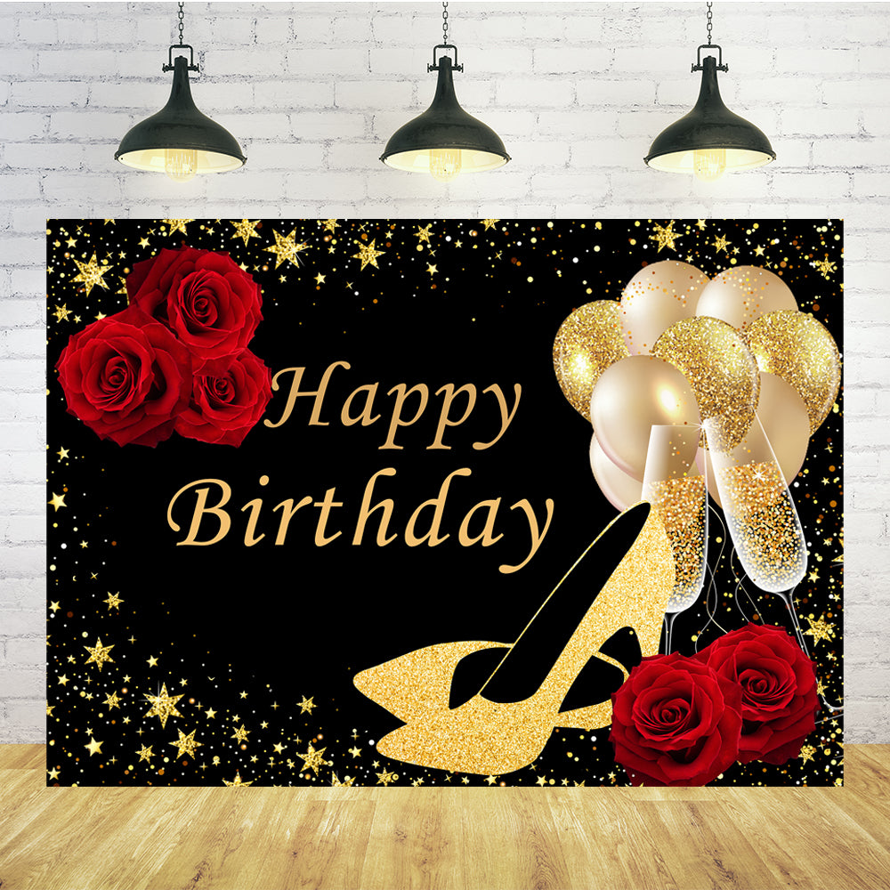 Birthday Gold Heels Balloons Roses Custom Backdrop TKH1528