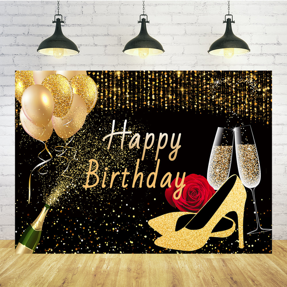 Gold Heels Balloons Champagne Birthday Backdrop TKH1542