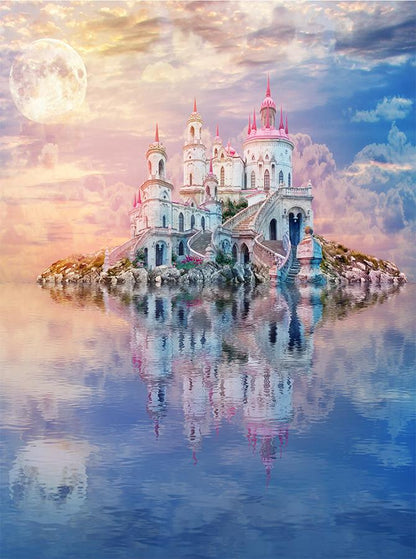 Fantasy summer background with a castle in the lake KAT-72