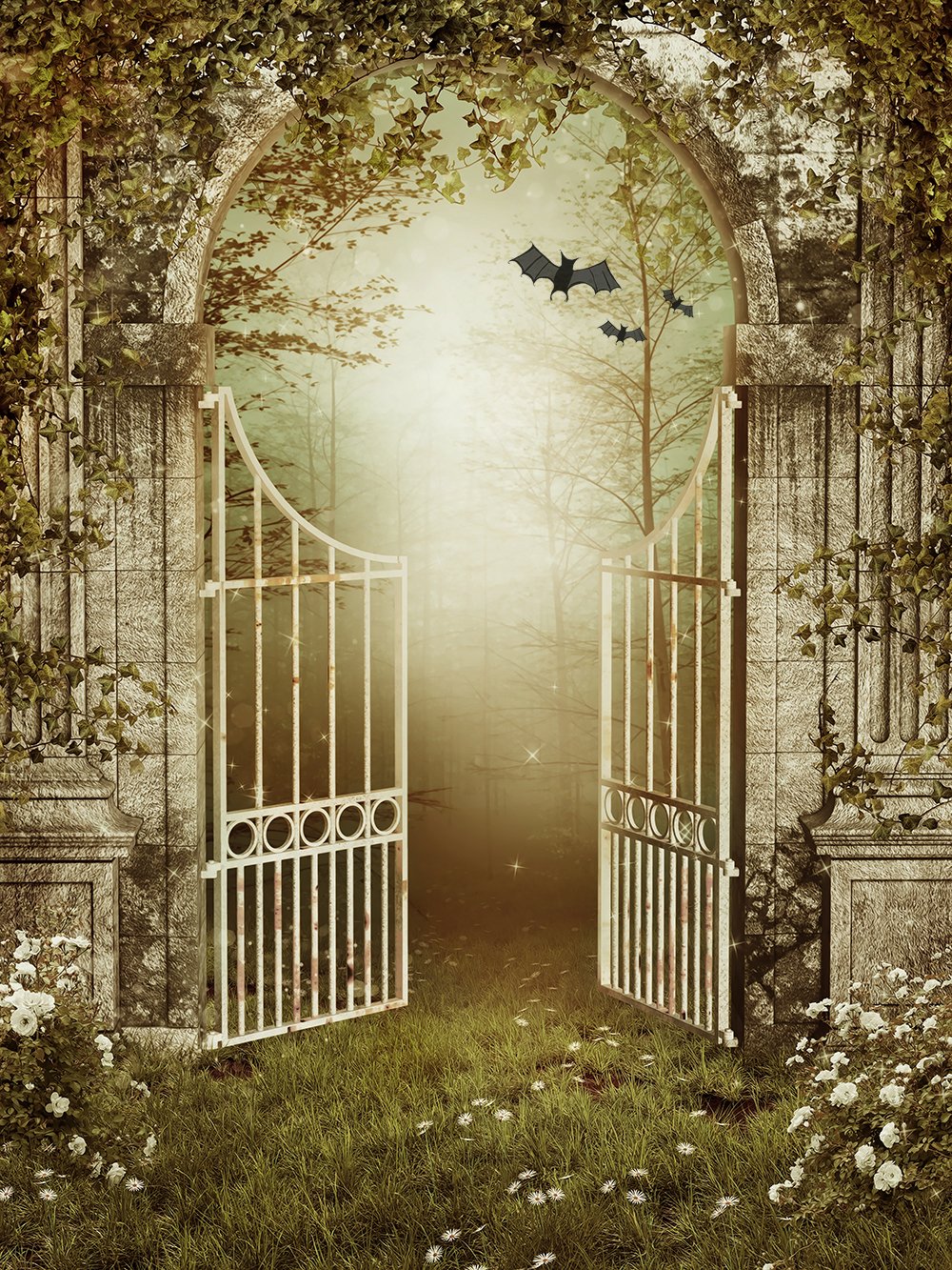 Flying Bats  Iron Gate Backdrop Halloween Festival Backdrops  DBD-P19083