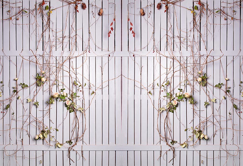 White Wooden Fence Twined with Roses Backdrop for Photography