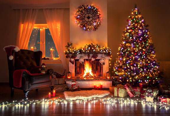 Christmas Lights Fireplace Xmas Tree Room Decor Background LV-978 ...