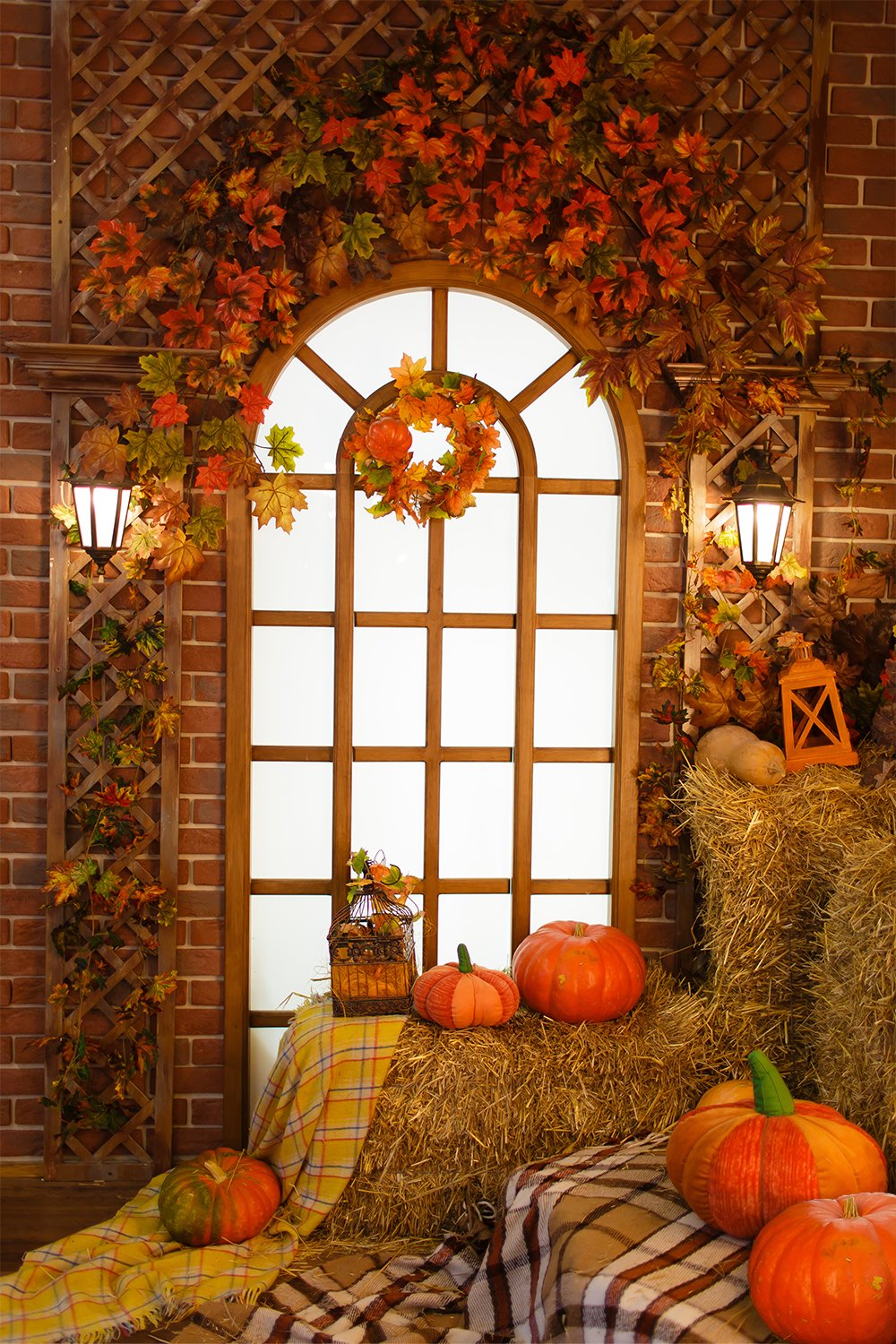 Festival Backdrops Halloween Backdrops Window Pumpkin Floral Backdrop